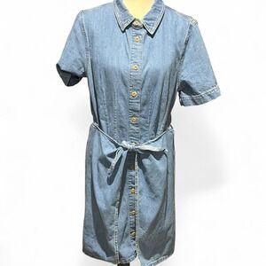 Madewell Denim Shirt Dress Size 12 Tie Waist Overlat Button Front 100% Cotton